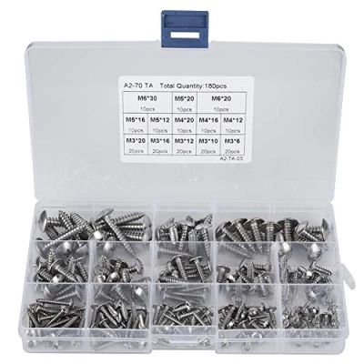 Image de 180 Pièces M3 M4 M5 M6 Assortiment de Vis Autotaraudeuses à Tête Plate en Acier Inoxydable avec Boîte Rangement