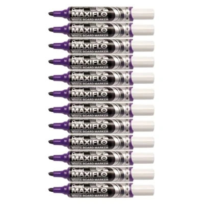 Image de Pentel Maxiflo MWL6 Lot de 12 Marqueurs effaçables à sec pour tableau blanc Pointe biseautée large encre liquide Violette
