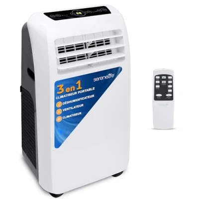 Image de SereneLife Climatiseur Mobile Silencieux,9000 BTU,Climatiseur Portable 3 en 1 avec Fonction Déshumidificateur Intégré,Mode Ventilateur,Télécommande,Kit d&#039;Évacuation Complet Montable sur Fenêtre,Blanc