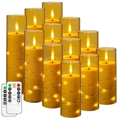 Image de Da by Bougie LED à piles avec guirlande lumineuse encastrée, 12 bougies sans flamme télécommande 11 touches, fonction minuterie 24 heures, couleur champagne