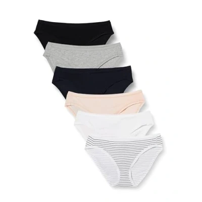 Image de Amazon Essentials Bas de Bikini en Coton (Grandes Tailles Disponibles) Femme, Lot 6, Multicolore/Chiné/Rayures, 38