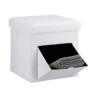 Image de Relaxdays Tabouret de rangement carré pliant en lin couvercle amovible avec tiroir bascule pivotant pouf stockage cube HxlxP: 38 x cm repose pieds, blanc