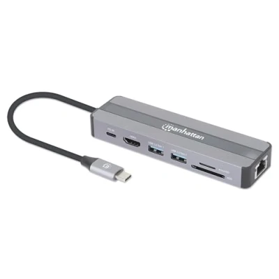 Image de MANHATTAN Station d&#039;accueil 7 en 1 USB C mâle vers HDMI Femelle 4K30Hz 2X A 5Gbps Gigabit RJ45 PD 87W Lecteur de Cartes