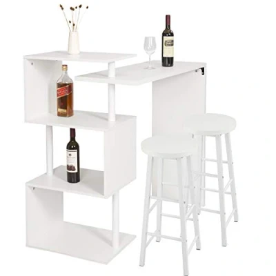 Image de WOLTU 1 X Table de Bar Rotatif avec 3 tablettes + 2 Tabourets Structure en métal Plateau MDF,Blanc BT27ws+BH130ws