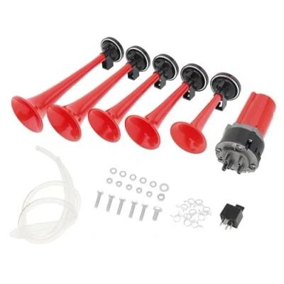 Image de Lot de 5 trompettes musicales 125 dB 12V Avec compresseur Pour voiture, camion, bateau, bus