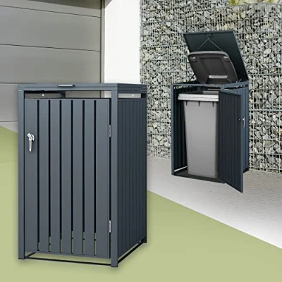 Image de ML Design Box pour 1 Poubelle, 240L, 68x80x116,3 cm, en Acier, Anthracite, Résistant aux Intempéries, Habillage de Poubelle avec Couvercle Rabattable et Porte, Conteneur Abri Hangar Cache