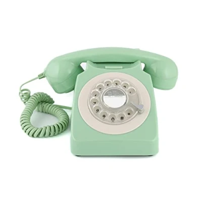 Image de GPO 746 Téléphone fixe rétro de style années 1970 à cadran rotatif Cordon extansible, sonnerie authentique Vert