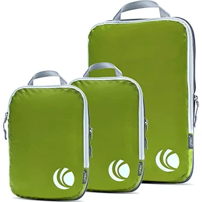 Image de Cipway Lot de 3 cubes d&#039;emballage par compression, organiseurs voyage ultralégers et extensibles pour bagages à main (vert pièces)