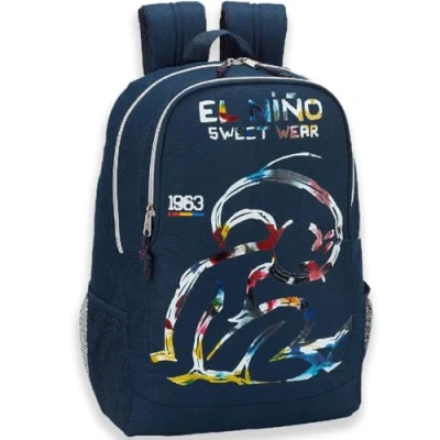 Image de Sac à Dos Scolaire Jeune, Adaptable Chariot, Grande Capacité et Double Fermeture Éclair, Bleu Marine, Bretelles Rembourrés avec Poches Latérales en Maille (El Niño)