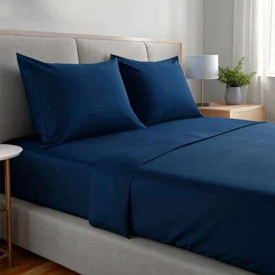 Image de gobedreams Ensemble de draps 4 Pièces 135x190/200, lit en Microfibre Polyester brossée. Drap Plat, Housse Ajustable et 2 taies d&#039;oreiller. Couleur Bleu Marine