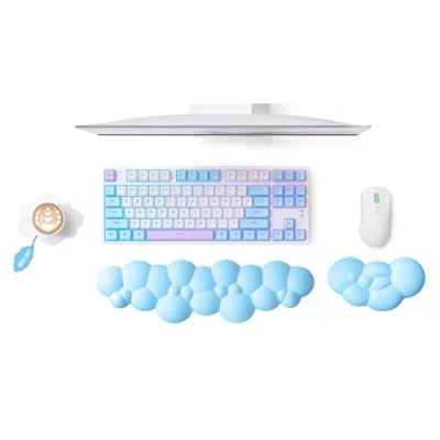 Image de MAMBASNAKE Ensemble clavier et souris avec repose poignet Cloud sous verre, coussin de soutien ergonomique en mousse à mémoire forme base antidérapante, soulagement la douleur bleu