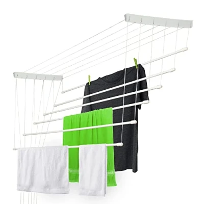 Image de KADAX Etendoir a Linge au Plafond avec Tiges en Acier, Pratique Systeme de Sechage Suspended pour Maximiser l&#039;espace Interieur (Blanc, 6 x 120 cm)