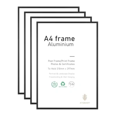 Image de ATOBART Lot de 4 cadres photo A4, 21 x 30 cm, noirs, pour certificat ou photo, accrocher au mur poser sur une table