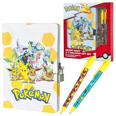 Image de Pokémon Ensemble de Fournitures Papeterie Journal Avec Cadenas, Carnet, Trousse, Stylos (Ensemble Cahier Jaune/Blanc)