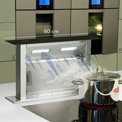 Image de Klarstein Downdraft Hotte Aspirante, Encastrable et Silencieuse pour Cuisine, Débit d&#039;Air 430m3/h, Filtres Inclus, 4 Modes de Ventilation, Mode Recirculation en Option, Minuterie, Sans Evacuation