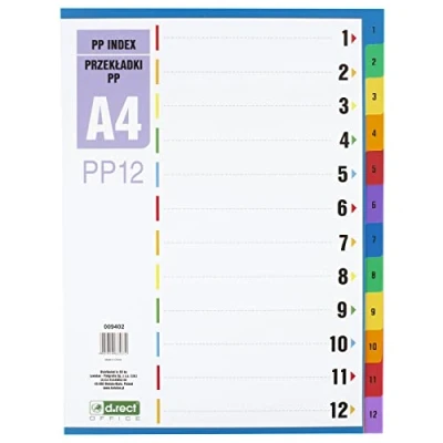 Image de D.RECT intercalaires A4 PP12 12 à anneaux Chiffres 1 Multicolores Séparateur de couleur en polypropylène