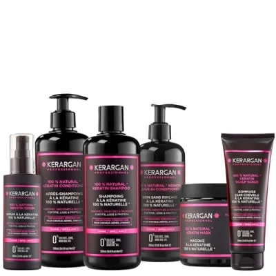 Image de Kerargan Kit Complet Ultra Réparateur à la Kératine Pour Cheveux Abîmés et Stressés Fortifie, Lisse, Protège Sans Sulfate, Paraben, Silicone 3x500ml + 100ml 350ml 250ml