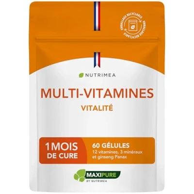 Image de Multivitamines et Minéraux Avec Ginseng Vitamines A, B1, B2, B3, B5, B6, B8, B9, B12, C, D3, E, Magnésium, Sélénium Zinc Energie, Vitalité, Immunité Fabrication Française Nutrimea