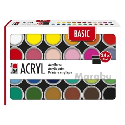 Image de Marabu Acrylics Set BASIC, 24 x 18 ml couleurs satinées, facile à peindre, séchage rapide, résistant la lumière, aux intempéries, 1210000000215