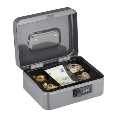 Image de Relaxdays Caisse à Monnaie, Pratique, Combinaison 3 Chiffres, en Fer, H x L P : 8,5 20 17 cm, Grise