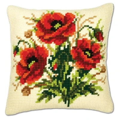 Image de Kit coussin au point de croix Coquelicots, Écru, 40 x cm