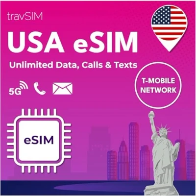 Image de travSIM USA eSIM Réseau T Mobile Données, appels et textes illimités aux pour Fonctionne sur Les appareils iOS Android compatibles 30 Jours