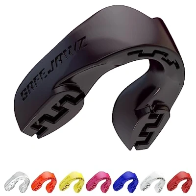 Image de SafeJawz Sport Protège dents Intro Séries. Protection intégrale pour Tous Les Sports, notamment Le Rugby, MMA, Hockey, Judo, Karate, Arts Martiaux et la Boxe (Erwachsene (12+ Jahre), Noir)