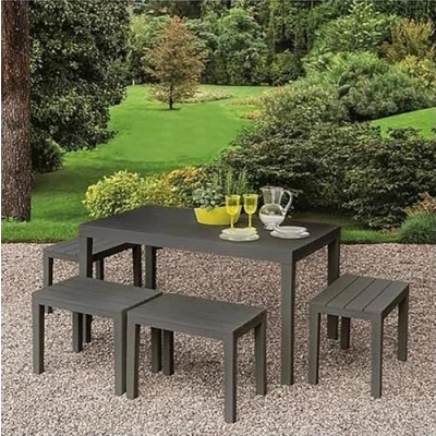 Image de Dmora Set d&#039;extérieur avec 1 table rectangulaire 4 bancs, Made in Italy, couleur anthracite