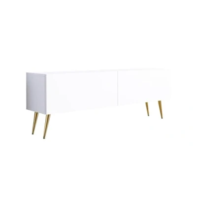 Image de 3E 3xE living.com Meuble TV : Deux Portes, étagères, Couleur Blanc Mat, Pieds dorés D L 140 cm, H 52 P 32 cm