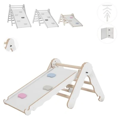 Image de MAMOI® Triangle descalade avec Toboggan Interieur pour Enfant, Mur Escalade intérieur en Bois Bebe à partir de 1/2/3 an, Motricité Libre Montessori
