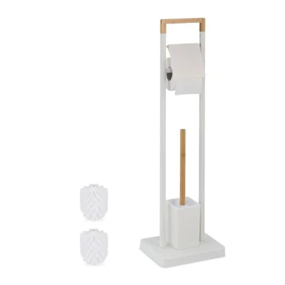 Image de Relaxdays Serviteur WC, Bambou, Acier Inoxydable, Support à Poser, Brosse et Porte Brosse, Blanc Nature