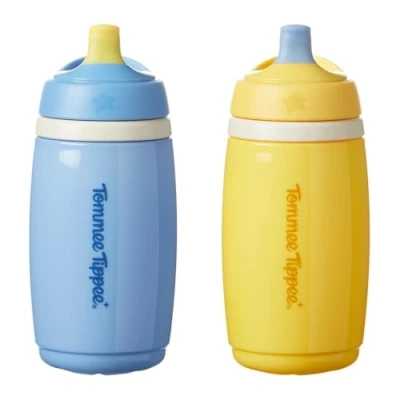 Image de Tommee Tippee Lot de 2 gobelets isothermes à bec actif, 266 ml, bouteille d&#039;eau anti déversement pour les tout petits 12 mois et plus, isolée aider garder leurs boissons fraîches, bleu