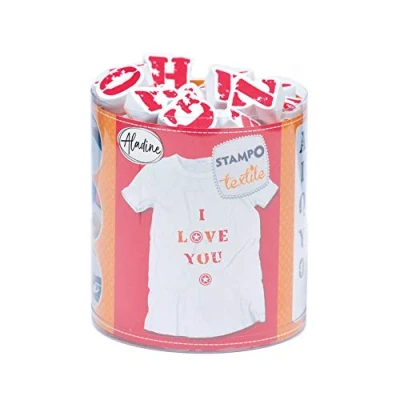 Image de Aladine Stampo Textile Alphabet Kit de 44 Tampons pour Tissu Encreur Inclus Fixation au Fer à Repasser Lavable en Machine Motifs Lettres et Chiffres
