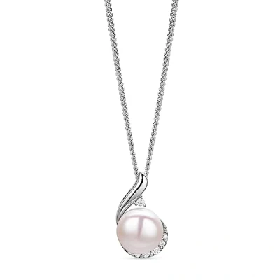 Image de Orovi bijoux Femme, Argent sterling 925, Collier Perle intemporel, Pendentif de Culture d&#039;eau douce blanche 10 mm entourée Pierres Zircon, Chaîne Gourmette 46 cm