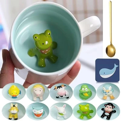 Image de Arawat Mug Rana 3d Animale Regali Con Figura Di All&#039;Interno 350 Ml Tazza Da Tè Cucchiaio Sottobicchiere Carino Caffè Regalo Compleanno Per Fidanzati Ragazzi Donne Uomini