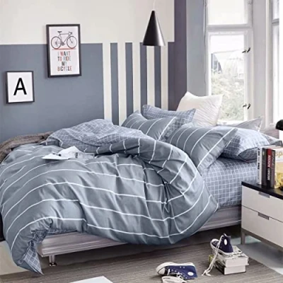 Image de KEAYOO Parure de lit 2 pièces 135 x 200 cm en coton pour l&#039;hiver et l&#039;été Gris rayé Avec fermeture Éclair