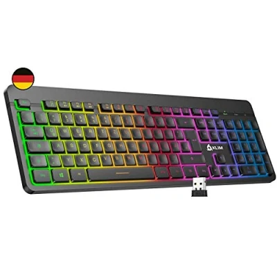 Image de KLIM™ Light V2 Clavier sans Fil QWERTZ DE + Fin, Ergonomique, Discret, Waterproof, Silencieux Gamer rétroéclairé pour PC Mac PS4 Xbox One Batterie Intégrée Longue Durée Nouveauté 2022