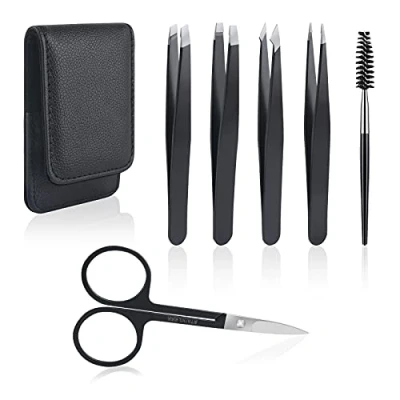 Image de URAQT 6Pcs Kit Pince à Epiler, Epiler Professionnelle, Acier Inoxydable Ciseaux en pour Epilation Des Sourcils, Poils du Visage et Incarnés (Noir)