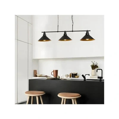 Image de HOMiTiS Vente unique Lustre industriel en métal 3 abat jours L. 108 x H. 55 cm Noir SIVANI