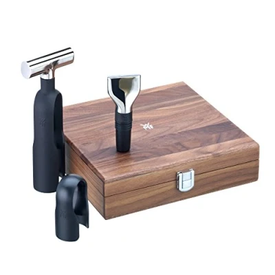 Image de WMF Baric Sommelier Set de 3 pièces avec tire bouchon, coupe capsule et bouchon bouteille en bois noyer Noir