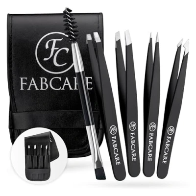 Image de FABCARE Kit de pinces à sourcils avec étui (4 pièces) Pointe améliorée Pince professionnelle revêtement antidérapant pour épilation des poils