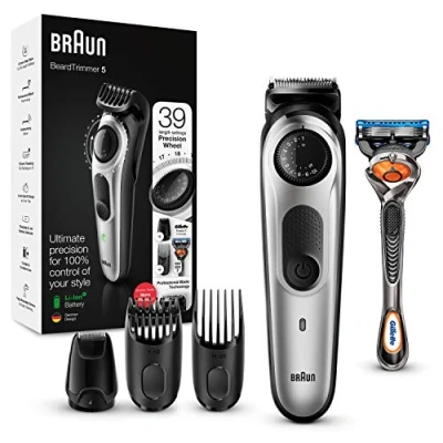 Image de Braun 5 Tondeuse Ã‰lectrique Homme Cheveux Et Barbe, Noir/Argent Métallisé, Lames Affûtées Inusables, 39 Réglages De Longueurs, BT5265