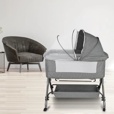 Image de HUOLE Lit Cododo Bebe avec Mode Berceau, Berceau Bébé Convertible Co Sommeil, Cododo, Matelas Multifonctionnel, de Voyage pour Nouveau né 104 * 52 100 110 cm Gris Lin