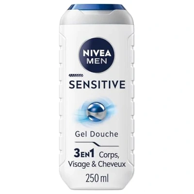 Image de NIVEA MEN gel douche Sensitive 3 en 1 (1 x 250 ml), homme pour peau sensible, nettoyant doux corps, cheveux et visage, savon à l&#039;extrait de bambou