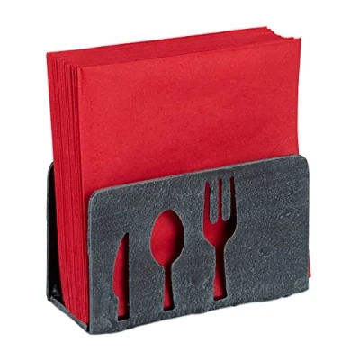 Image de Relaxdays Porte serviettes de table, 33x33 cm, stable motifs vaisselle, fonte fer, range serviettes, gris
