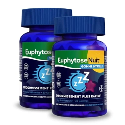 Image de EuphytoseNuit®Gommes Myrtille,Sommeil, 1 mg Melatonine, complément alimentaire, Vitamine B6, Endormissement plus rapide* 2x30 Gommes Sans Sucres Goût Myrtille
