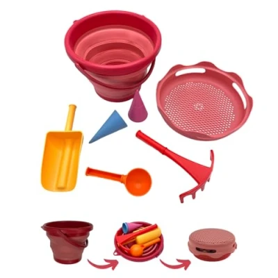 Image de Schildkröt 7en1 Set de Jouets Sable, Ensemble Innovant, Compact et peu Encombrant, Seau Pliable 3 Litres avec 6 Outils, 970245, Rouge, 970245