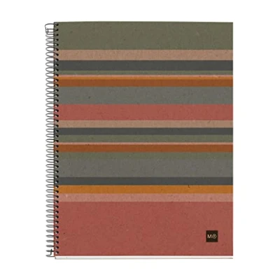 Image de Miquelrius Carnet 100% Recyclé, 4 Bandes Couleurs, A4, 120 Feuilles Quadrillées 5x5 mm, Papier 80 g, Trous, Couverture Carton Design Eco Rayé
