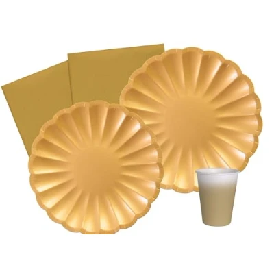 Image de Ciao Kit Table Fête Party Flower Shape 24 personnes (112 pcs: assiettes, gobelets, serviettes) en papier compostable, or Vaisselle papel eco friendly, AZ156
