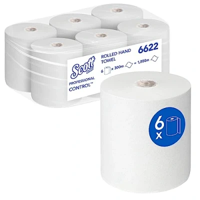 Image de Essuie mains roulés Scott Control 6622 jetables 6 rouleaux d&#039;essuie en papier x 300 m blancs (1 800 au total)
